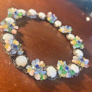 Vintage Czech Glass Beaded Opalescent Floral Choker Necklace